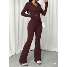 Barış Beauty Kadın Uzun Kollu Kapşonlu Bağcıklı Önü Fermuarlı Viskon Iki Iplik Bluz ve Pantolon Ikili Takım