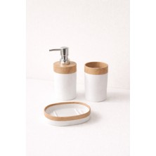 Feyza Design Şık Ahşap Detaylı 3 Parça Plastik Banyo Seti, Sabunluk, Diş Fırçalık, Sıvı Sabunluk