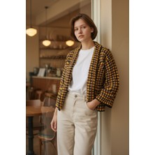 Pulur.co Kahverengi Hardal Sarısı Tığ Işi El Örgüsü 3/4 Kol Altıgen %100 Yün Hırka