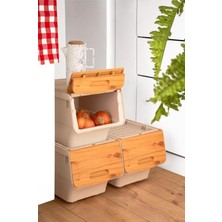 Patateslik Soğanlık Sepeti Oyuncak Kutusu Tekerlekli Organızer Çok Amaçlı Kutu 3X12LT-BAMBU+KREM