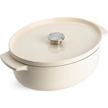 Cast Iron 30 Cm/5,6 L Oval Kapaklı Tencere, Kaliteli, Sağlam ve Uzun Ömürlü, Kızartma, Kızartma, Pas Içermeyen Emaye, Indüksiyon, Ergonomik Sap, 260°C'YE Kadar Fırına Dayanıklı, Badem Kremi