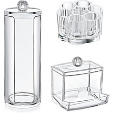 3'lü Akrilik Makyaj Organizer Seti, Makyaj Seti, Pamukluk, Ruj'luk, Kulak Çubuğu Kutusu