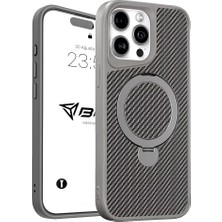 iPhone Karbon Fiber Materyal Stand Özellikli Lens Çerçeveli ve Sararmayan Güçlü Darbe Emici Premium Kılıf (Gümüş, iPhone 14 Pro Max)
