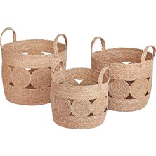 3'lü El Yapımı Doğal Hasır Kulplu Yuvarlak Desenli Saksı Seti, Hasır El Yapımı Suya Karşı Koruma Poşetli Yuvarlak Örgü Saksı 3'lü Set, Rattan Saksı Seti, (33CM*28CM-30CM*25CM-26CM*22CM)