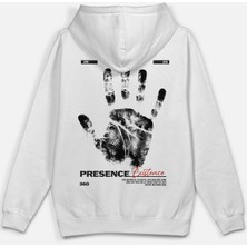 Overoz Presence Existence Karma Sırt Baskılı Kapüşonlu Yarı Oversize Sweatshirt Beyaz Hoodie 1217
