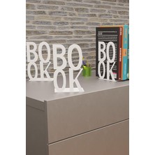 Dekoratif Beyaz Book Yazı Tasarımlı Kitap Tutucu Desteği Metal Kitap Tutucu (Ikili Set) MK3B