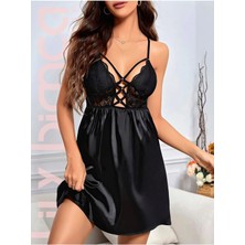 Süsen Lingerie Çapraz Ip Dekolteli Kadın Siyah Saten Gecelik, Dantel Işlemeli Saten Gecelik, Kadın Saten Gecelik