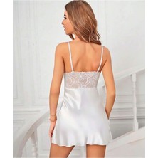 Süsen Lingerie Kadın Dantelli Sade Beyaz Saten Gecelik, Kadın Ev Giyim Gecelik