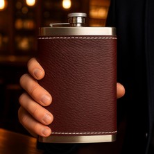 Hype Store 8 Oz 235 cc Hunili Kızıl Kahverengi Hakiki Deri Kılıflı Çelik Viski Içki Matarası Babalar Günü Hediy