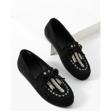 Kadın Siyah Süet Nakış Işlemeli Babet Yumuşak Tabanlı Günlük  Ayakkabı Raven