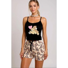  renkli ayıcık desenli askılı şortlu kadın pijama takımı