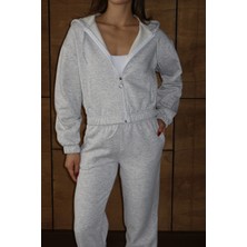 Zengezur Mall Nrzsnt 3 Iplik Şardonlu Kapşonlu Fermuarlı Kısa Üst Gri PAT8590 (Beden: S)