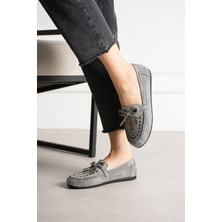 Kadın Gri Süet Nakış Işlemeli Babet Yumuşak Tabanlı Günlük  Ayakkabı Raven