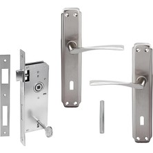 Nikel Saten Oda Kapı Kolu + Hok Er-40 Ekstra Gömme Kilit Iç Kapı Oda Kilidi Rulmanlı Köşeli 40 mm Takım