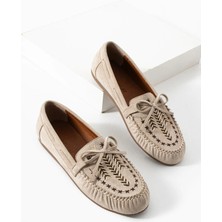 Kadın Bej Süet Nakış Işlemeli Babet Yumuşak Tabanlı Günlük  Ayakkabı Raven