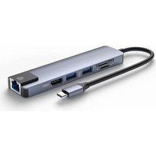 6 Port USB Hub 3.0 Type C Giriş Ethernet/hdmı Dönüştürücü Çoklayıcı Çoğaltıcı (Gri)