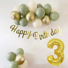Yaş Küf Yeşili, Deniz Kumu ve Krom Gold Balonlu Konsept Doğum Günü Seti