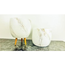 Tasarımı Ev Dekorasyon Aksesuar Beyaz Üzeri Gold Mermer Efektli Toprak Saksı Saksılık Salon Çiçeklik Ikili Set Ayaksız - 3 Ayaklı 19 cm
