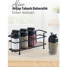 Feyza Design Şık Ahşap Tabanlı Metal Standlı 4’lü Cam Baharatlık Seti