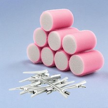1207 Pembe Cırtlı Sünger Bigudi 8li Çap 4cm + 12LI Alüminyum Saç Pensi