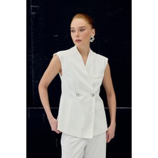 Sateen Anna Çizgili Yelek - Ekru