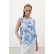 Sateen Nakışlı Kolsuz Bluz - Indigo