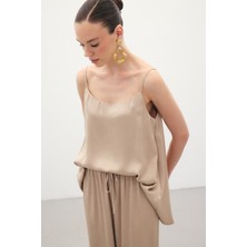 Sateen Askılı Saten Bluz - Vizon