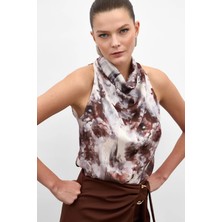 Sateen Drapeli Halter Yaka Desenli Bluz - Kahve