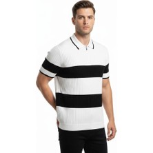 Erkek T-Shirt Çizgili Triko Dokuma Kumaş Polo Yaka Yarım Fermuarlı Regular Kalıp Tişört - Beyaz
