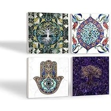 Skygo Hayat Ağacı, Çini Sanatı, Fatma Ana Eli Taş Bardak Altlığı Seti - 4 Parça - Dekoratif, Rustik Mutfak Aksesuarı, 10X10 Cm, Kaydırmaz Tabanlı, Şık ve Dayanıklı SC484