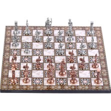 Skygo Orta Boy Metal Roma Satranç Takımı Antik ve Sedef Desenli Mdf Ahşap Satranç Tahtası (37X37 Cm.)