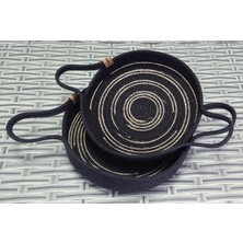 Skygo Hasır 2 Adet Örme Tepsi Sepet Jüt Çizgili Siyah Kordon Halat Ip Düzenleyici