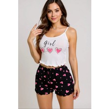  kalp desenli askılı şortlu pijama takımı