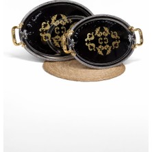 Teberrik Dükkan Lüks Gold Detaylı Gümüş Aynalı Ikili Oval Sunum Tepsisi Seti 2 Li