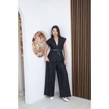 Moda Banuş Saten Kemerli Likralı Kot Yelek Pantolon Takımı