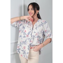 By Saygı Kadın Tek Cepli Desenli Ithal Keten Gömlek