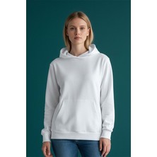 Evavi Kadın Baskısız Kapüşonlu Kanguru Cepli Beyaz Sweatshirt