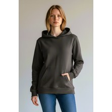 Evavi Kadın Baskısız Kapüşonlu Kanguru Cepli Siyah Sweatshirt
