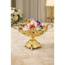 Teberrik Dükkan Gold Renk Işlemeli Ayaklı Metal Lokumluk Şekerlik - Kırmızı Taş Detaylı Sunumluk