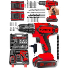 Schatz Pro 12V 1.5 Ah Darbeli Çelik Şanzıman Çift Akülü Bakır Sargılı Şarjlı Vidalama Matkap 24 Pcs Kırmızı