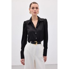 Sateen Vatkalı Saten Gömlek - Siyah