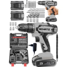 Schatz Pro 12V 1.5 Ah Darbeli Çelik Şanzıman Çift Akülü Bakır Sargılı Şarjlı Vidalama Matkap 24 Parça Gri