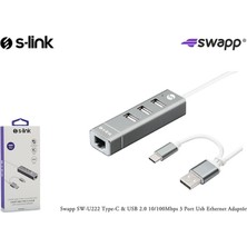 S-Link Swapp SW-U222 Type-C USB 2.0 10-100MBPS 3 Port USB Ethernet Adaptör