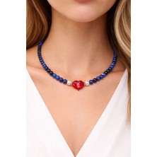 db DİLEK BAŞ TASARIM Kyanit Doğal Taş Kolye – Lacivert Boncuklu Kırmızı Kalp Figürlü Kadın Kolye