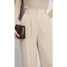 Moda Banuş Kadın Gold Düğmeli Salaş Pileli Palazzo Latina Dökümlü Pantolon Açık Bej