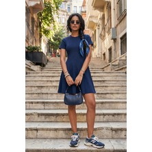 Lela Regular Fit Bisiklet Yaka Pileli Mini Elbise Bayan Elbise 5866342