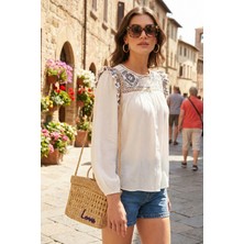 Lela Etnik Desenli Kol Detaylı Bisiklet Yaka Şile Bezi Gömlek Bayan Gömlek 611BZ0042