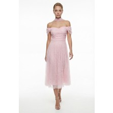 Lafaba Kadın Pudra Dar Kalıp Kayık Yaka Dantelli Midi Söz Nişan Nikah Abiye