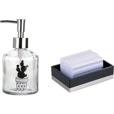 Feyza Design Kaktüs Desenli Cam Sıvı Sabunluk ve Şık Akrilik Siyah Sabunluk Seti