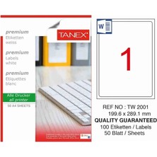 Tanex TW-2001 199,6X289,1 mm Inkjet / Laser A4 Etiket Yetkili Satıcı (50 Adet)